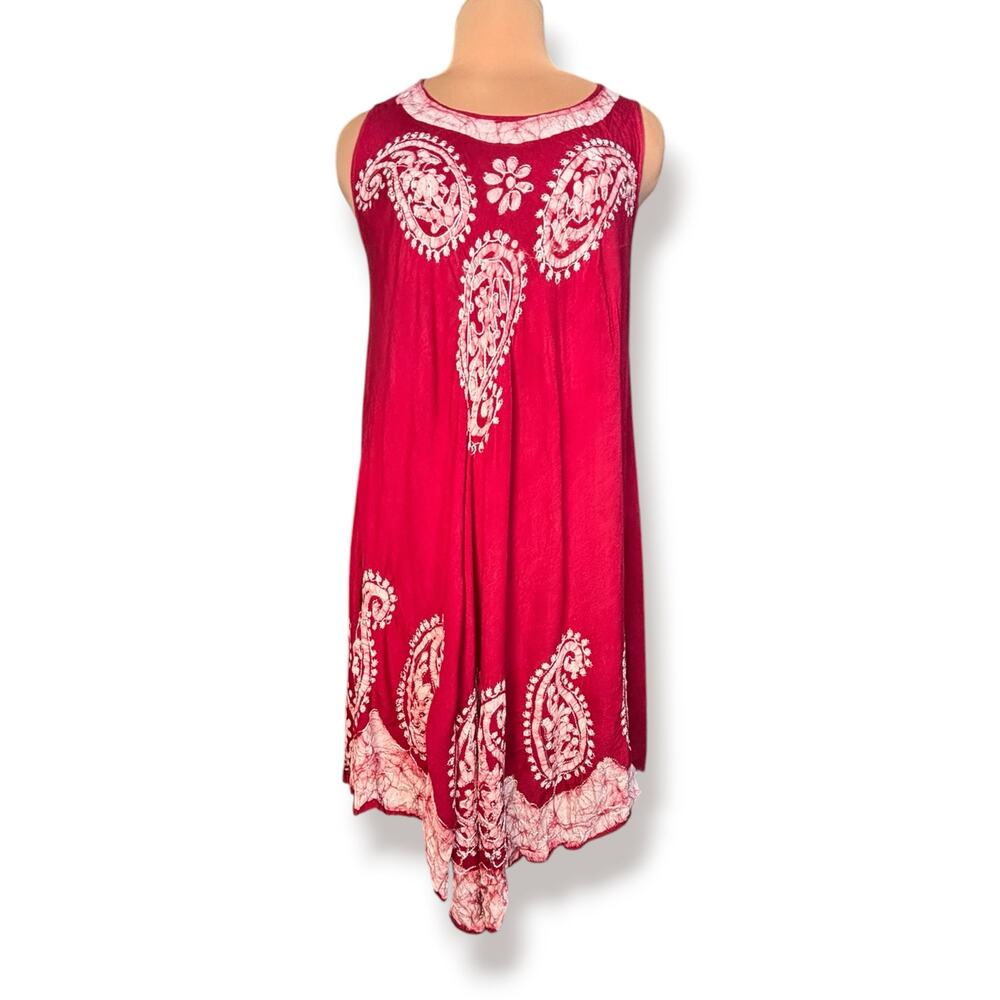 Vintage 90s Red Batik Paisley Handkerchief Hem Swing Dress Boho Beach Cover Up